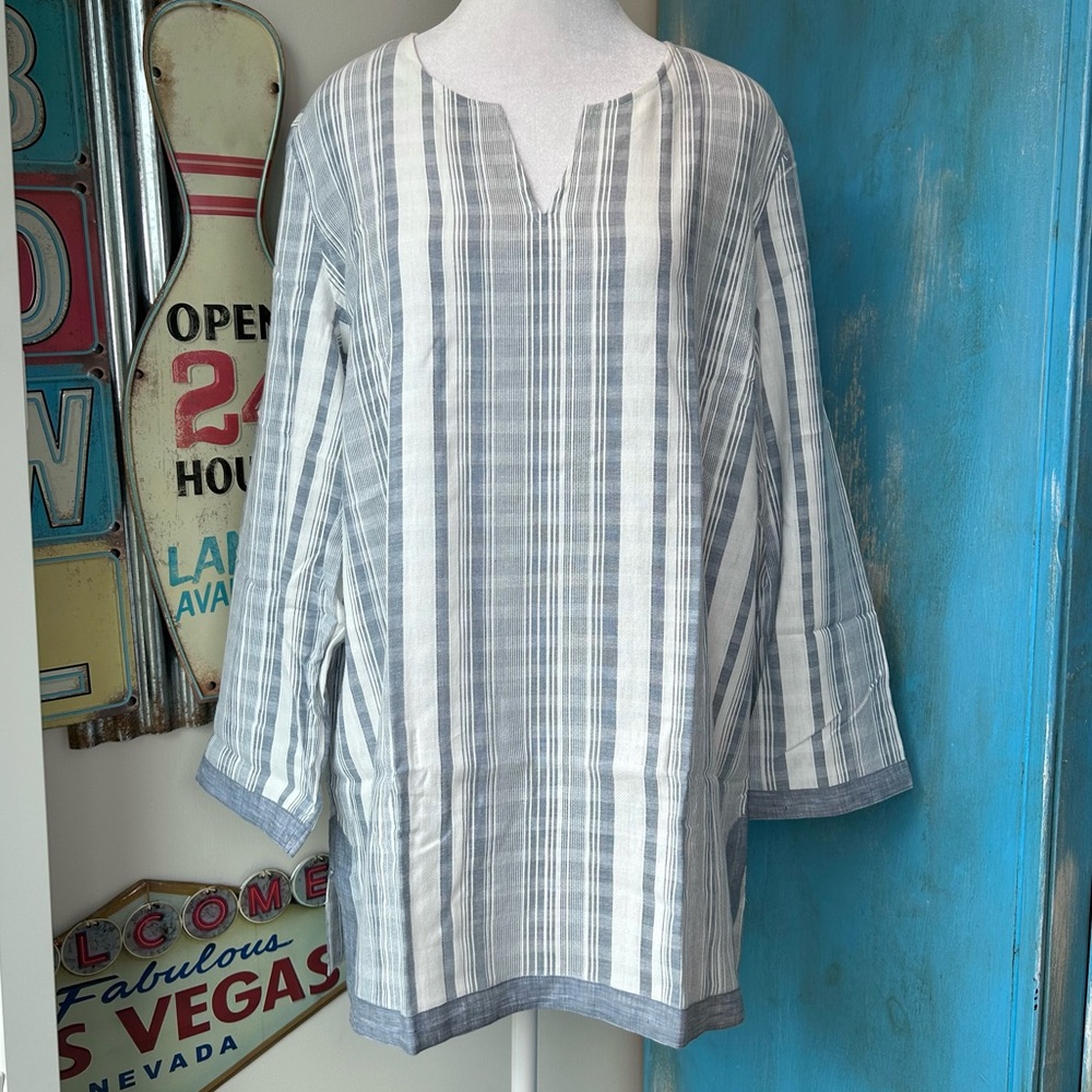 UNTUCKit Blue Romagana Striped Split Neck Tunic Top Nautical Coastal Cotton